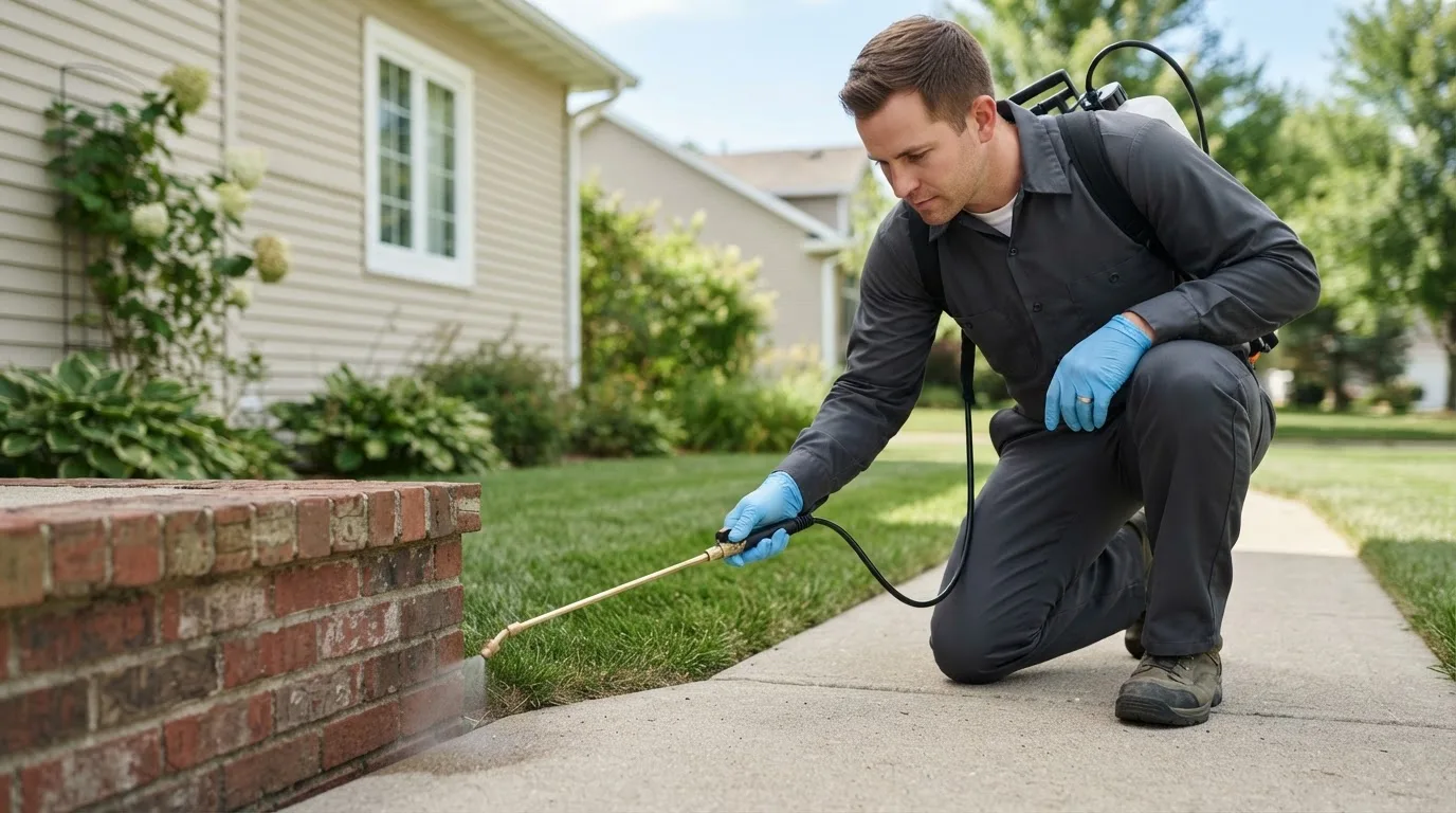 Pest control technician treating a home near Farmerville, LA