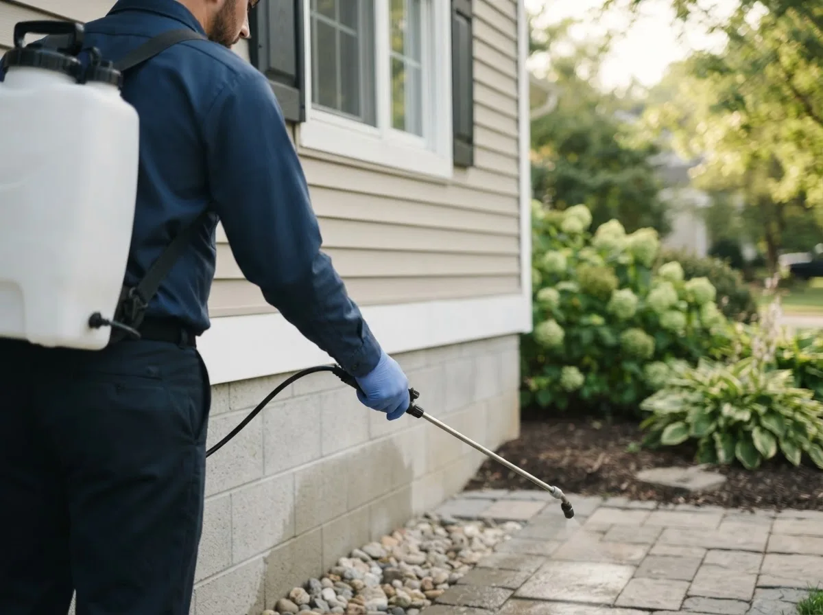 Pest control technician inspecting a home in Farmerville, LA